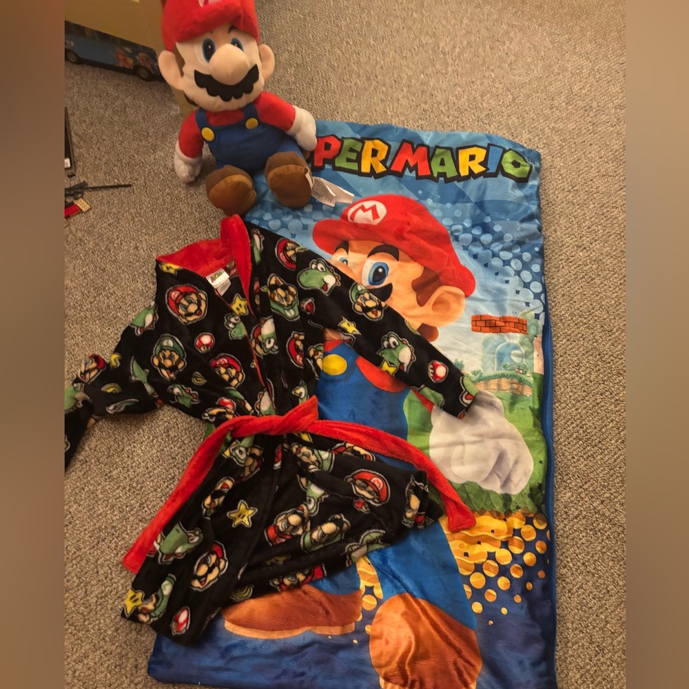 Super Mario Robe, sleeping bag, and stuffie!